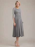 A-line Scoop Tea-Length Lace Chiffon Mother of the Bride Dress