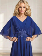 A-line V-Neck Tea-Length Chiffon Mother of the Bride Dress With Pleated Sequins Appliques Lace Beadind