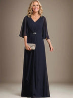 A-line V-Neck Floor-Length Chiffon Mother of the Bride Dress With Cascading Ruffles Crystal Brooch