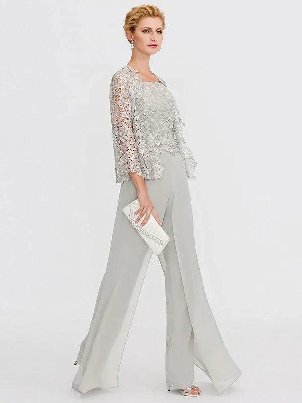 3 Piece Chiffon Square Neck Mother of the Bride Pantsuits with Jacket