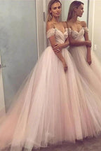 Elegant Long A-line Off the Shoulder Tulle Prom Dresses