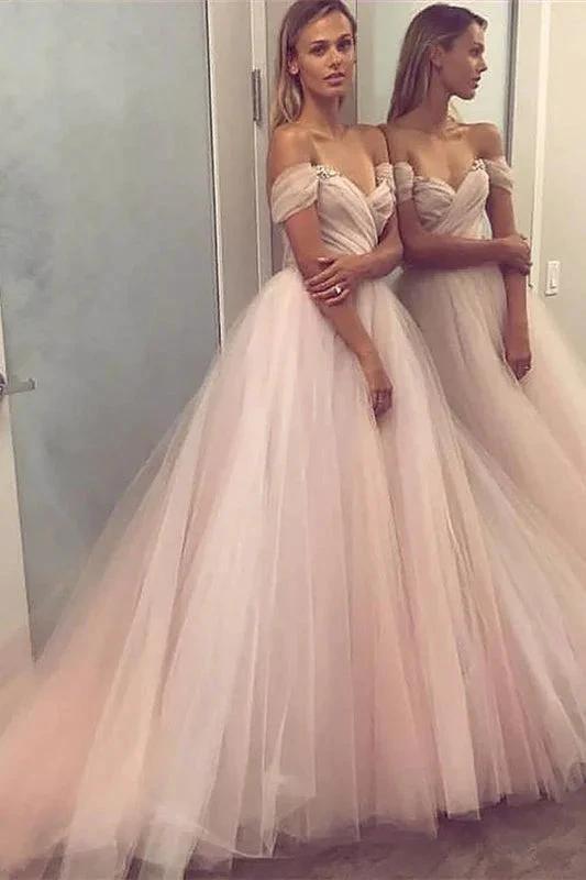 Elegant Long A-line Off the Shoulder Tulle Prom Dresses