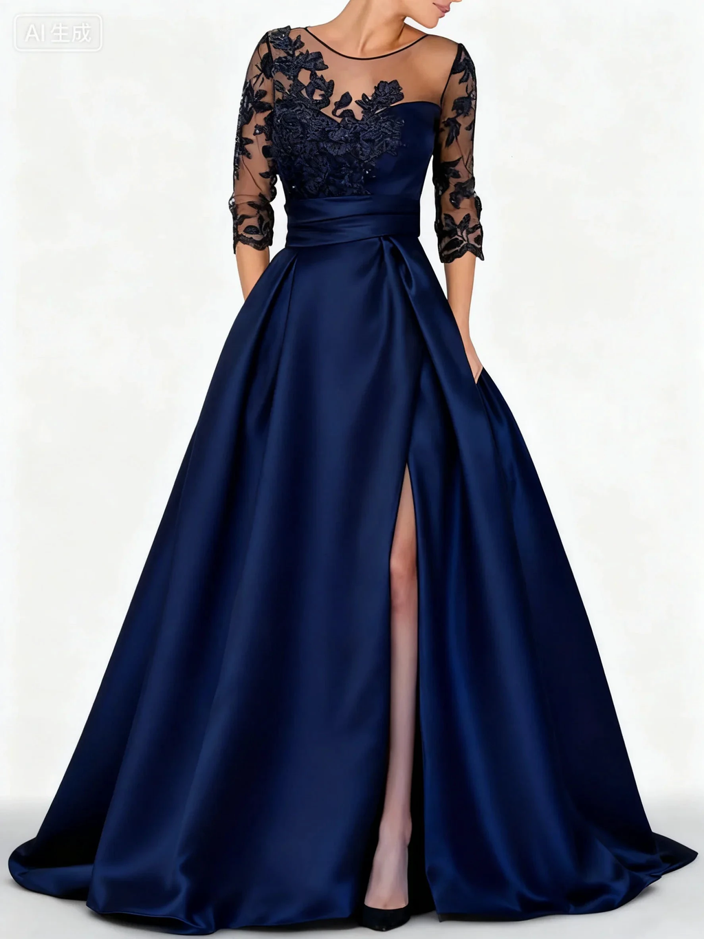 Elegant black satin embroidered formal dress