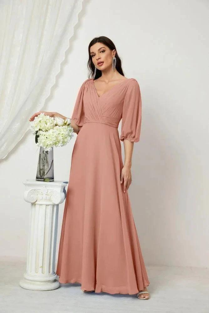 Numbersea  Formal Prom Gown Women V-Neck Chiffon Bridesmaid Dresses Long Bishop Sleeve Party Dress 2807