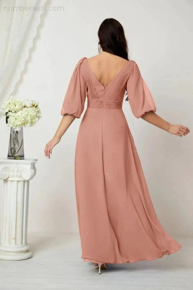 Numbersea  Formal Prom Gown Women V-Neck Chiffon Bridesmaid Dresses Long Bishop Sleeve Party Dress 2807