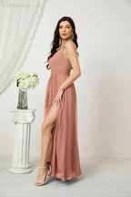 Numbersea Chiffon V-Neck Bridesmaid Dress Spaghetti Strap Long Formal Party Prom Gowns with Slit 28010