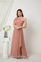 Numbersea  Chiffon Ruffled One Shoulder Long Bridesmaid Dresses A-line Formal Evening Gown Side Split 2809