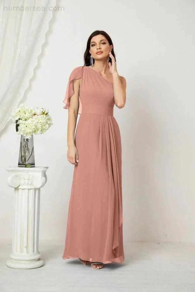 Numbersea  Chiffon Ruffled One Shoulder Long Bridesmaid Dresses A-line Formal Evening Gown Side Split 2809