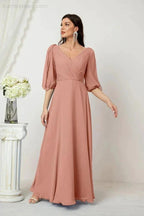Numbersea  Formal Prom Gown Women V-Neck Chiffon Bridesmaid Dresses Long Bishop Sleeve Party Dress 2807