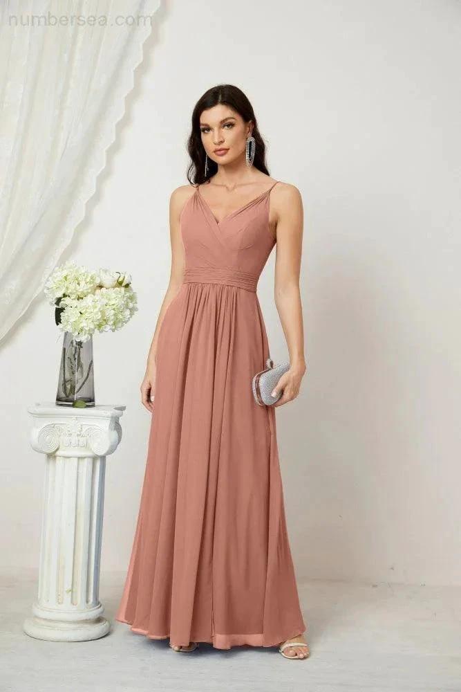 Numbersea Chiffon V-Neck Bridesmaid Dress Spaghetti Strap Long Formal Party Prom Gowns with Slit 28010