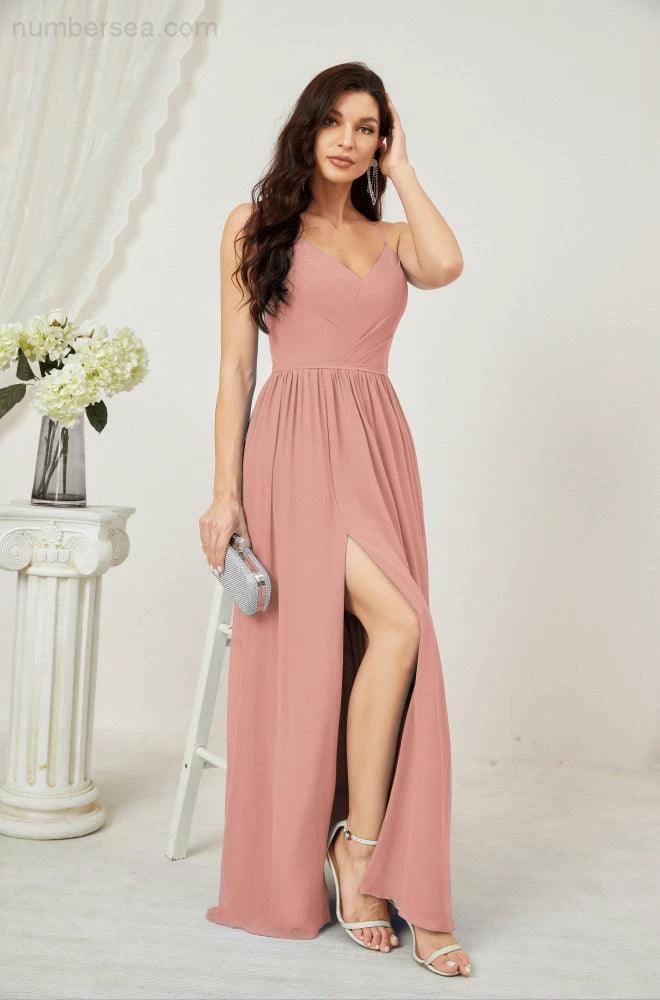 Numbersea  Neck Bridesmaid Dresses Chiffon Long Spaghetti A-line Formal Prom Gown for Wedding Party Evening 2801