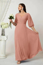Numbersea  Formal Prom Gown Women V-Neck Chiffon Bridesmaid Dresses Long Bishop Sleeve Party Dress 2807