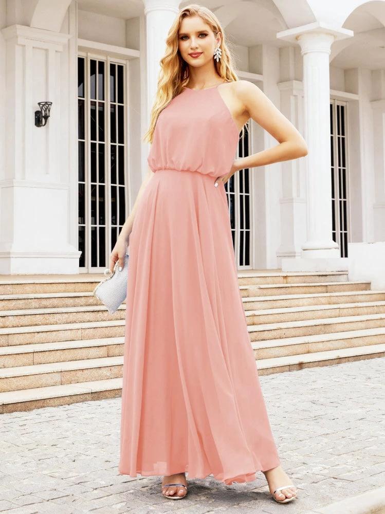 Numbersea  Halter Long Bridesmaid Dresses Formal A line Juniors Dress 28029