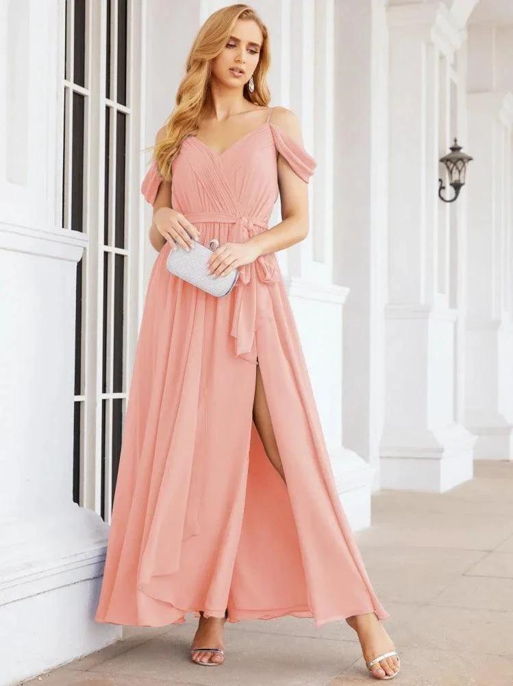 Numbersea Off The Shoulder Chiffon Bridesmaid Dress Long Formal Graduation Gown with Cowl Back 28069