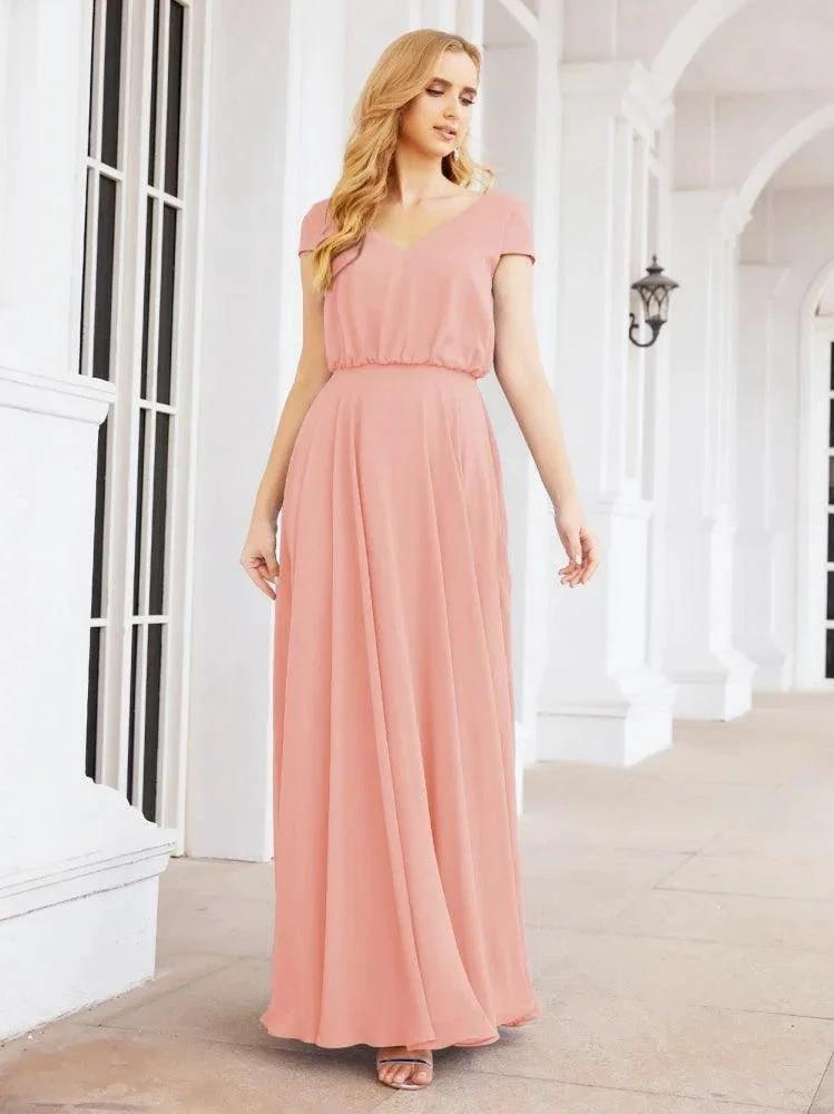 Numbersea V-Neck Bridesmaid Dresses Long Cap Sleeves Prom Evening Formal Gowns 28071