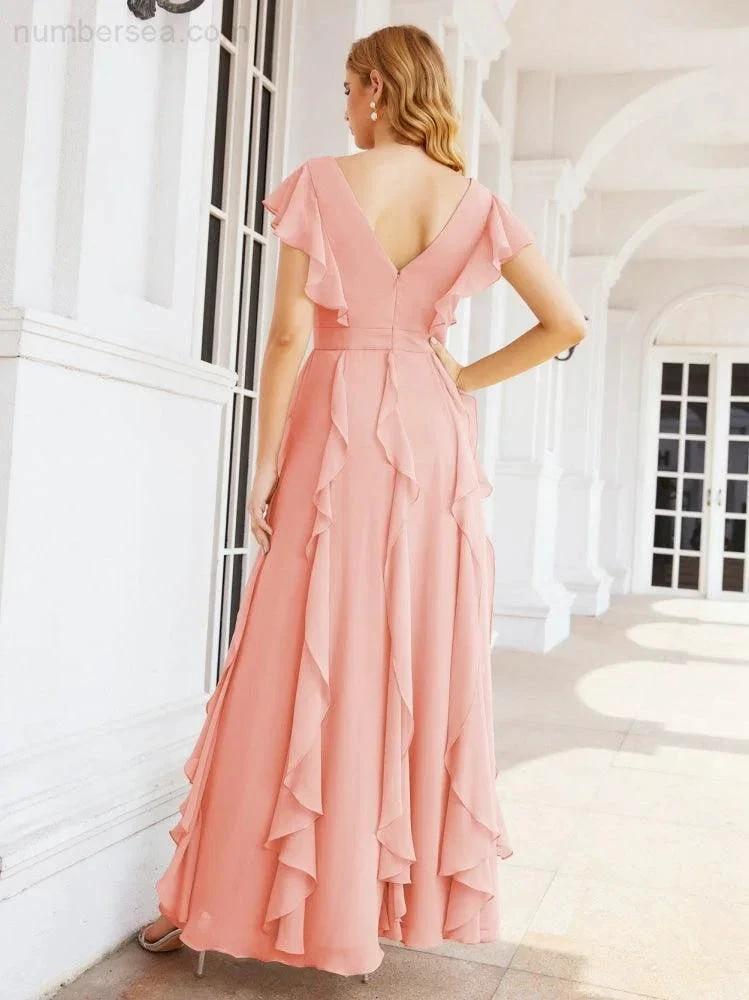 Ruffled Bridesmaid Dresses with Sleeves Long Formal Party Dress 28041