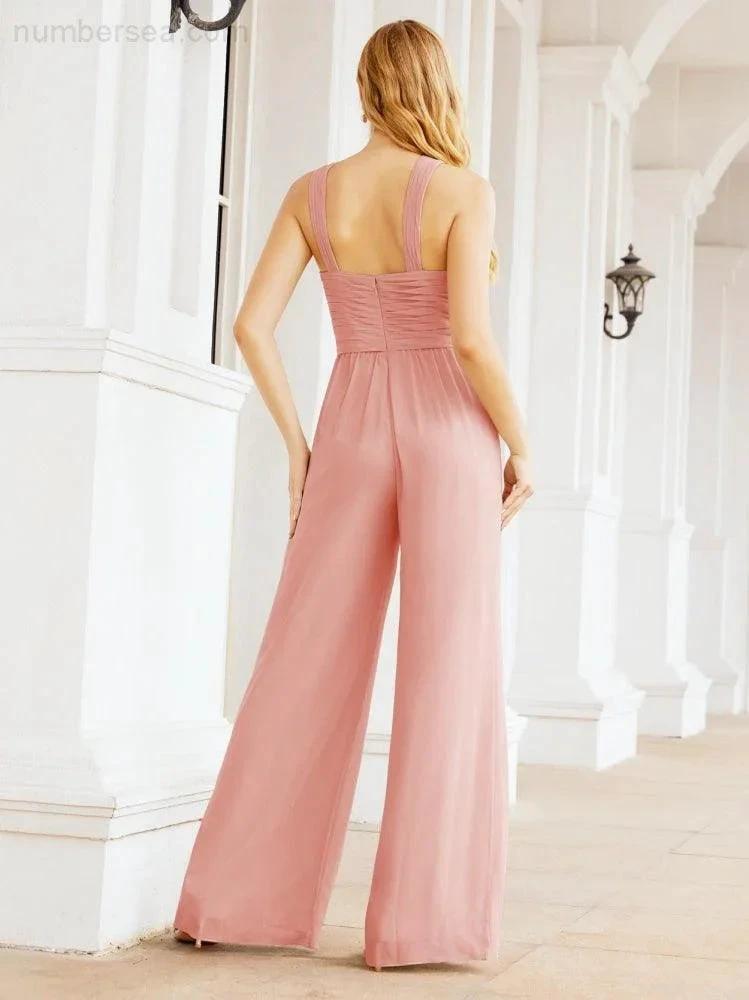 Numbersea Crisscross Neck Jumpsuit Formal Evening Dress Long Bridesmaid Dresses Bell-bottomed Pants 28033