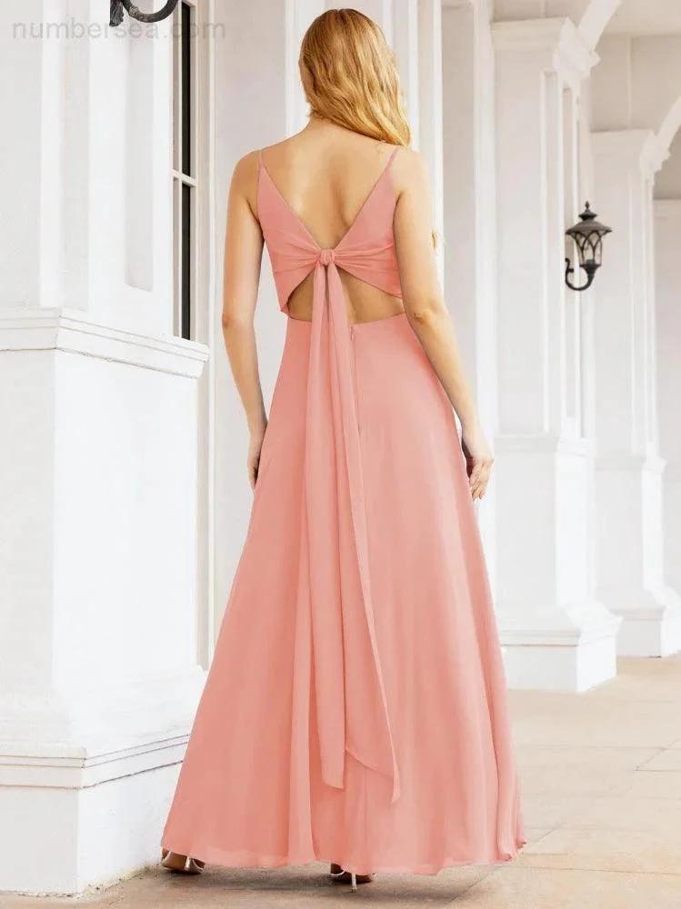 Numbersea Spaghetti Strap Bridesmaid Dresses V Neck Butterfly Back Fromal Evening Party Prom Gown 28036