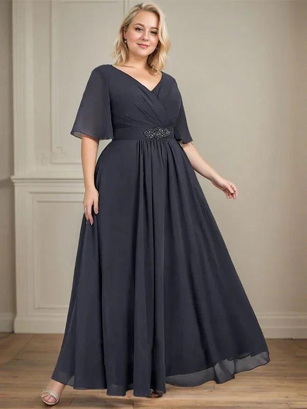 A-line V-Neck Ankle-Length Chiffon Mother of the Bride Dress With Pleated Beading Sequins