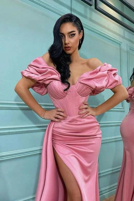 Split Front Rose Petal Pink Mermaid Prom Dress with Off-The-Shoulder