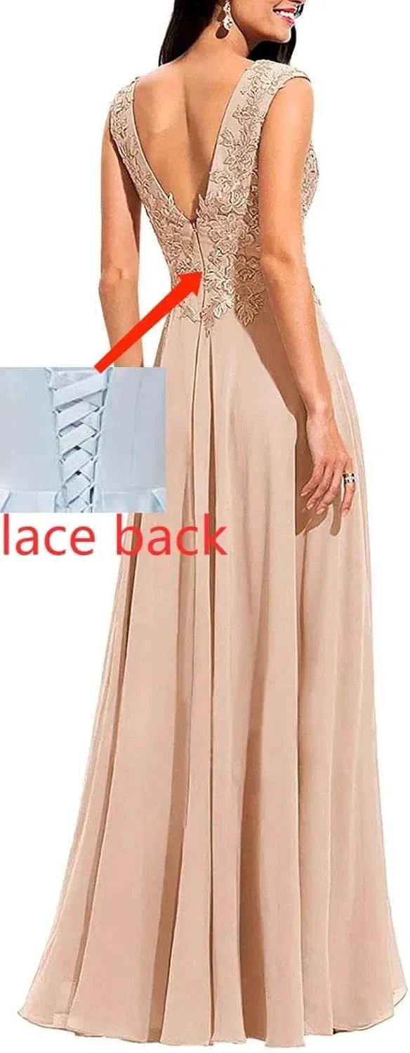 Chiffon Appliques Bridesmaid Dress Long V Neck Beaded Wedding Guest Gown with Split