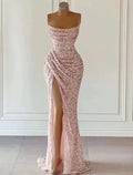 Elegant Dress Formal Prom Floor Length Sleeveless Strapless Sequined with Glitter Sequin Prom Dresses