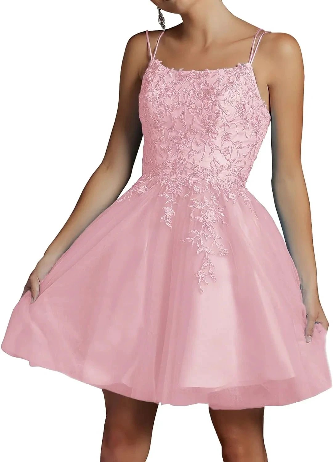 Modest Lace Beaded Tulle Homecoming Dresses Short Square Neck Prom Dress Spaghetti Straps Party Gown