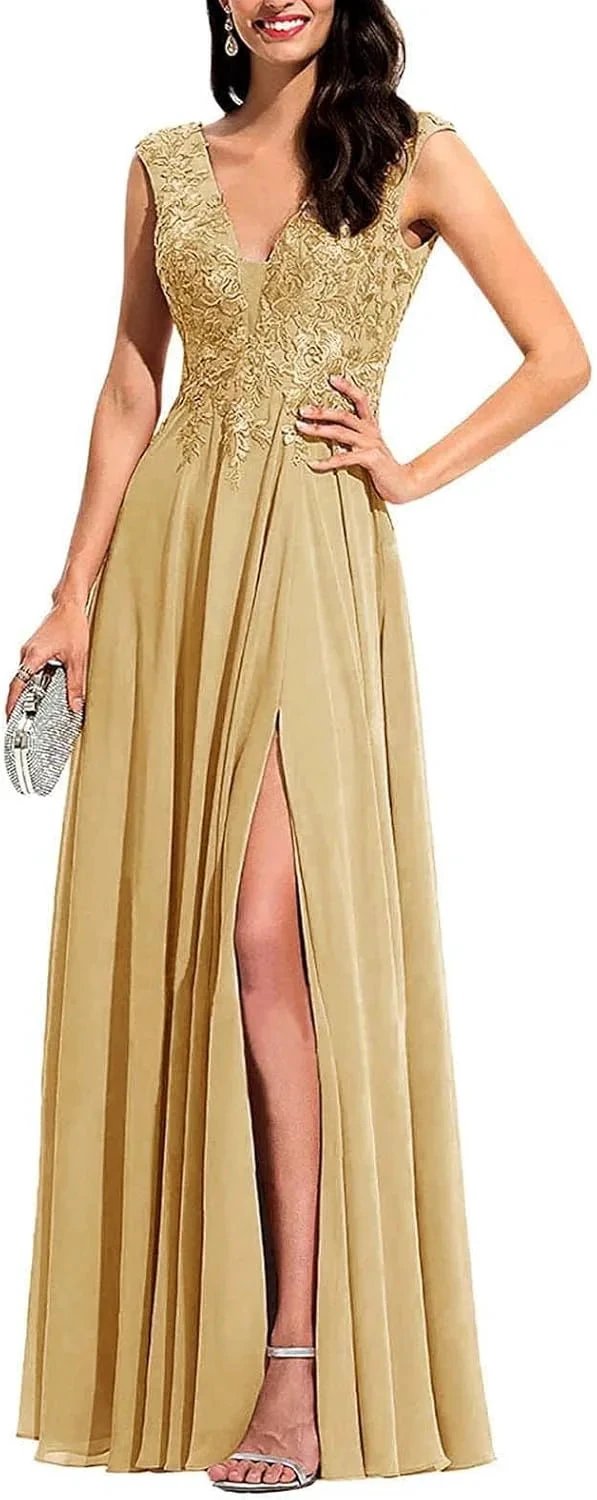 Chiffon Appliques Bridesmaid Dress Long V Neck Beaded Wedding Guest Gown with Split