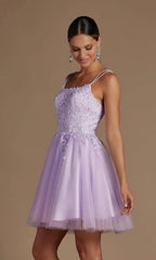Modest Lace Beaded Tulle Homecoming Dresses Short Square Neck Prom Dress Spaghetti Straps Party Gown