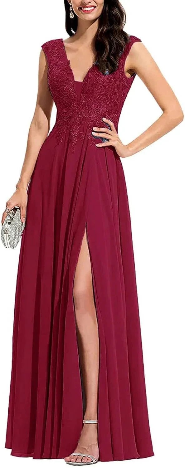 Chiffon Appliques Bridesmaid Dress Long V Neck Beaded Wedding Guest Gown with Split