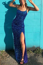 Sparkly Mermaid Scoop Neck Straps Royal Blue Prom Dress With Slit, Evening Dress Y1265