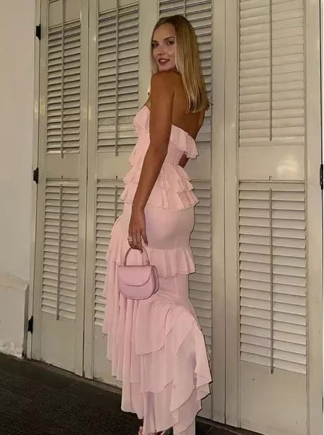 Charming Pink Chiffon Ruffles Tiered Evening Dress Slit Mermaid Prom Party Dress Y8006