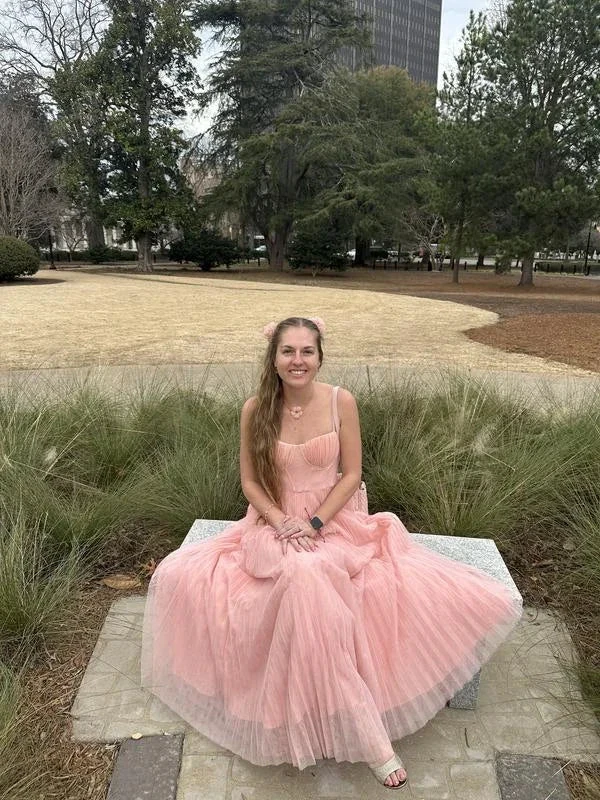 Classy Spaghetti Straps Pleated Tulle Green Midi Prom Dress A Line  Evening Dress Y8452