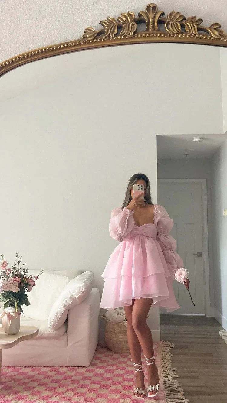 Pink A-line Puffy Dress Pink Homecoming Dress Y2428
