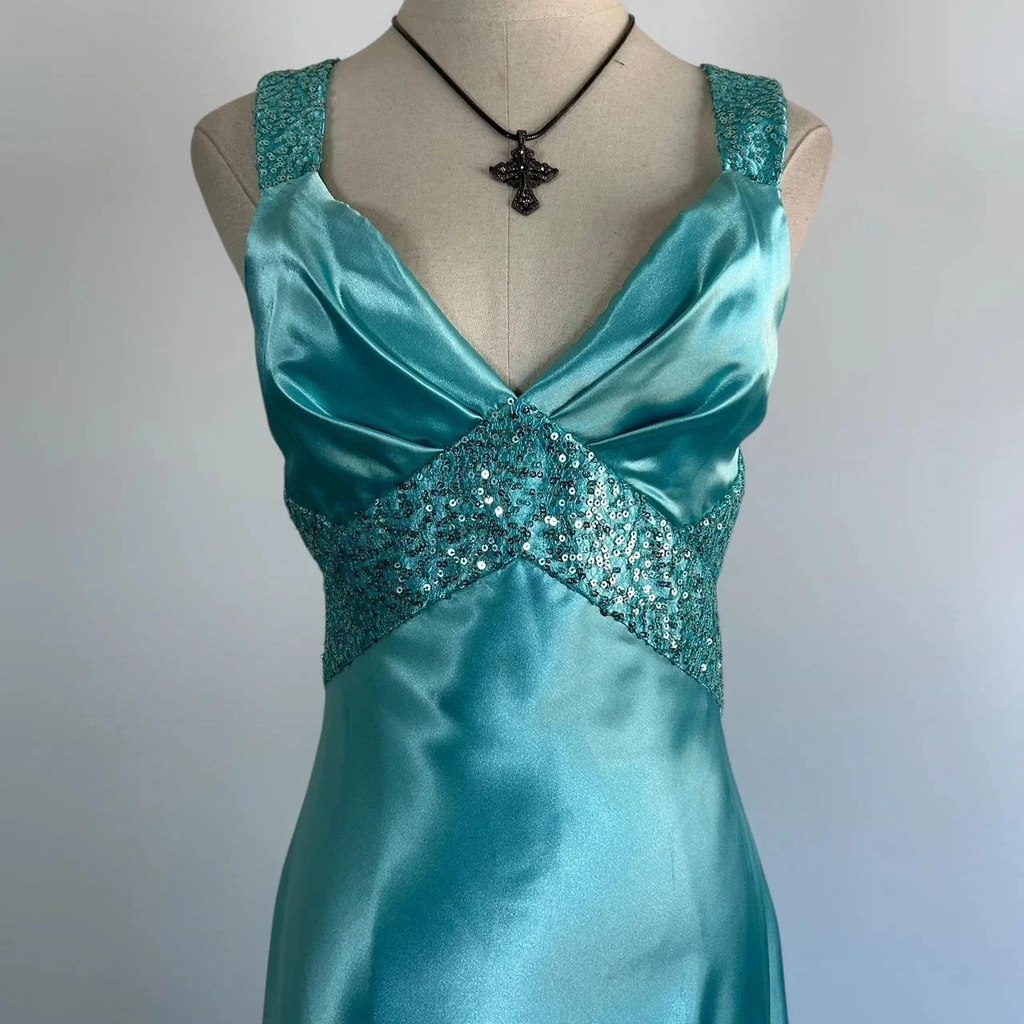 Blue V Neck Satin Sequin Formal Prom Dress Backless Evening Dress Y8548