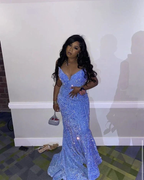 Glitter Blue Sequins Mermaid Evening Dress For Black Girls Y5115