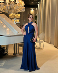 Blue Halterneck Pleated Mermaid Long Prom Dress Evening Dress Y8475