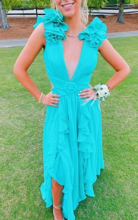 A-line V Neck Ruffles Long Prom Dress Simple Evening Dresses Y4626