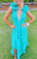 A-line V Neck Ruffles Long Prom Dress Simple Evening Dresses Y4626