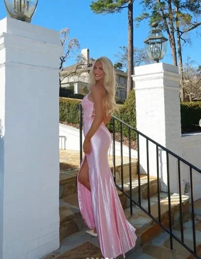 Pink Satin Appliques Mermaid Prom Dress Long Slit Evening Gown Y8263