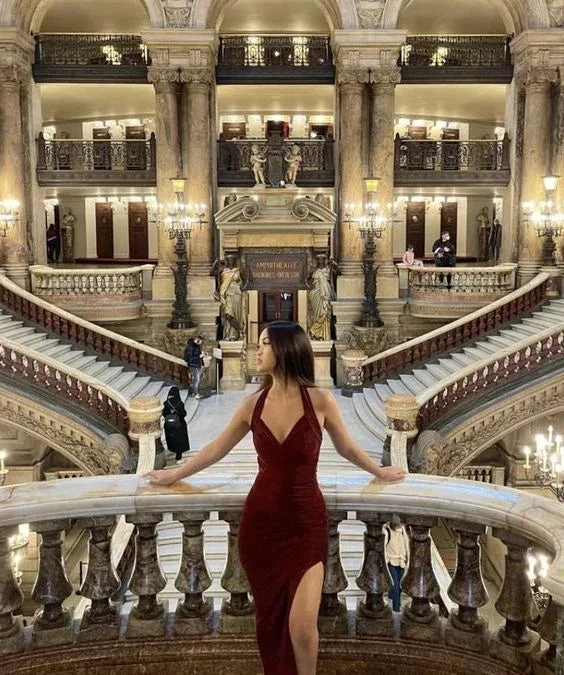 Sexy V Neck Burgundy Prom Dress With Split Sexy Evening Gown Y6361