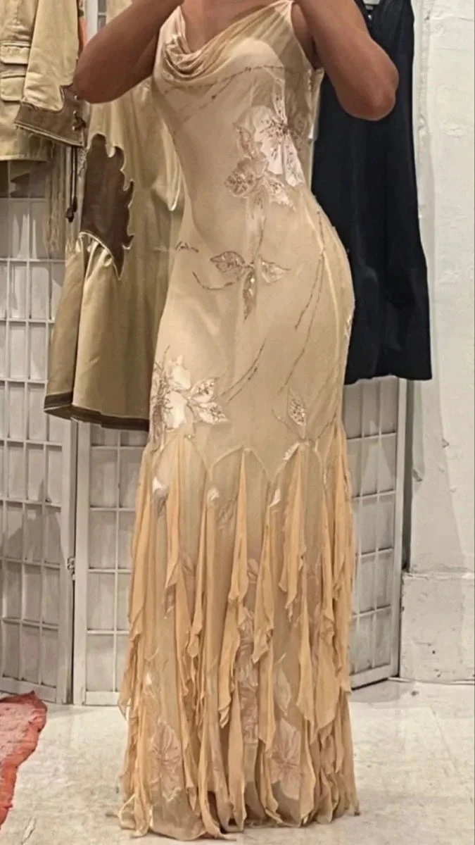 Unique Spaghetti Straps Chiffon Print Beaded Ruffles Evening Dress Mermaid Prom Dress Y8254