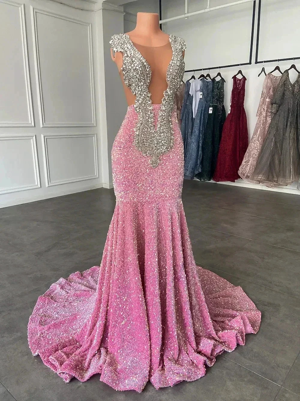 Sparkling pink prom dresses, Sexy sequins mermaid pink prom pageant evening dress Y477