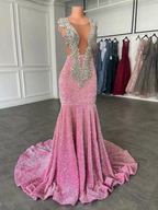Sparkling pink prom dresses, Sexy sequins mermaid pink prom pageant evening dress Y477