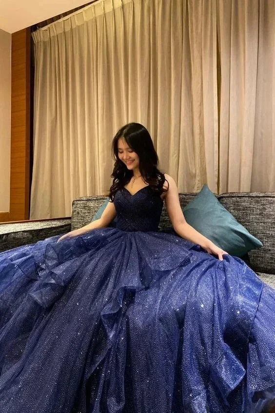 Shiny V Neck Navy Blue Tulle Long Prom Dress Navy Blue Formal Evening Dresses Long Y4895