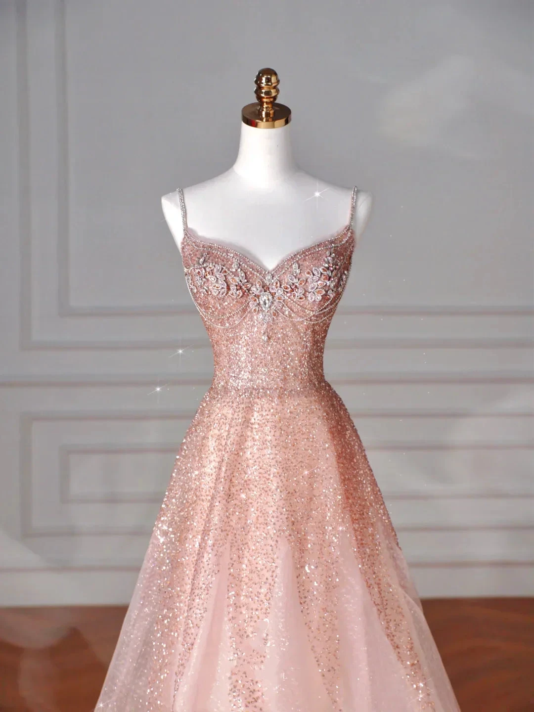 Glitter Pink Tulle Sequins Beaded Prom Dress Spaghetti Straps A Line Evening Dress Y8619
