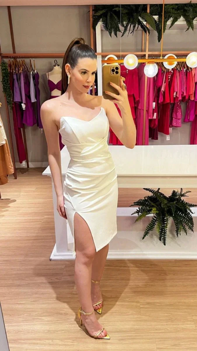 White Strapless Party Dress With Leg Slit White Homecoming Dress Y4843