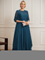 A-line Scoop Illusion Floor-Length Lace Chiffon Mother of the Bride Dress With Pleated