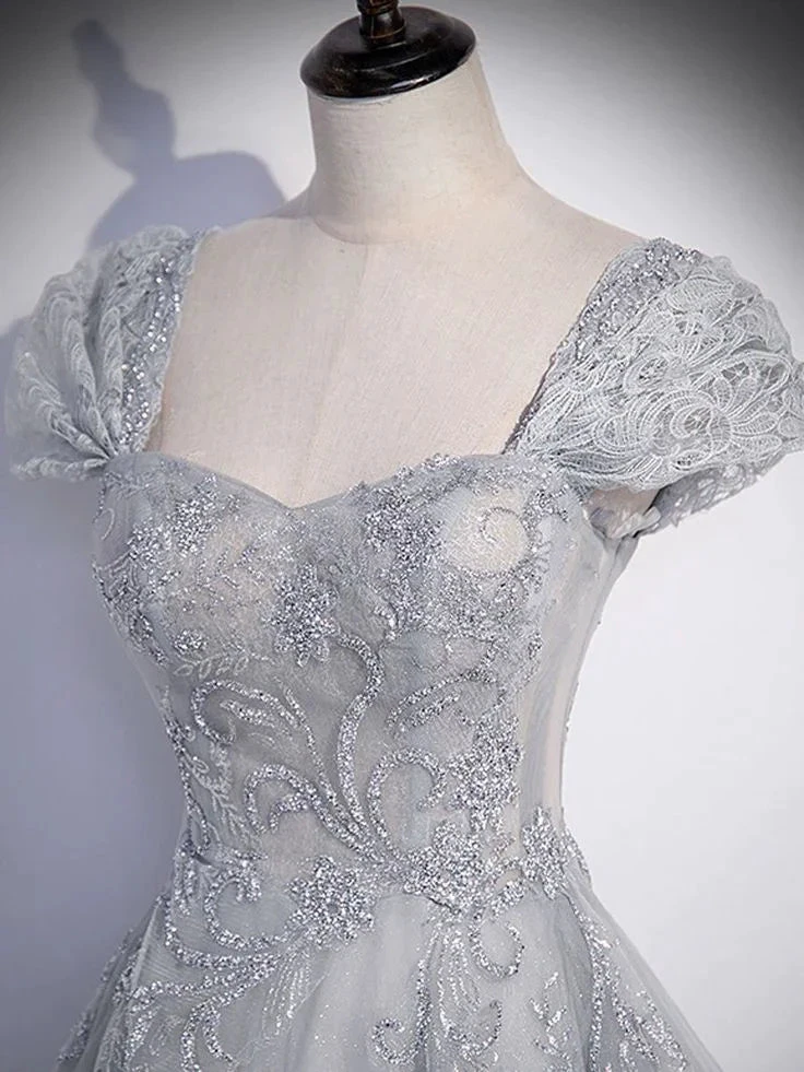 A-Line Gray Tulle Sequin Long Prom Dress Gray Formal Evening Dress Y4733