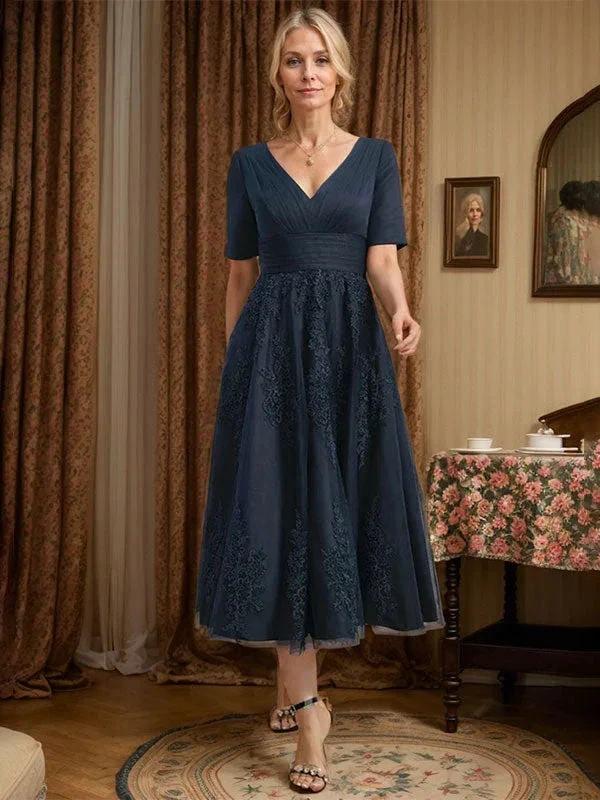 A-line V-Neck Tea-Length Tulle Lace Mother of the Bride Dress With Pleated